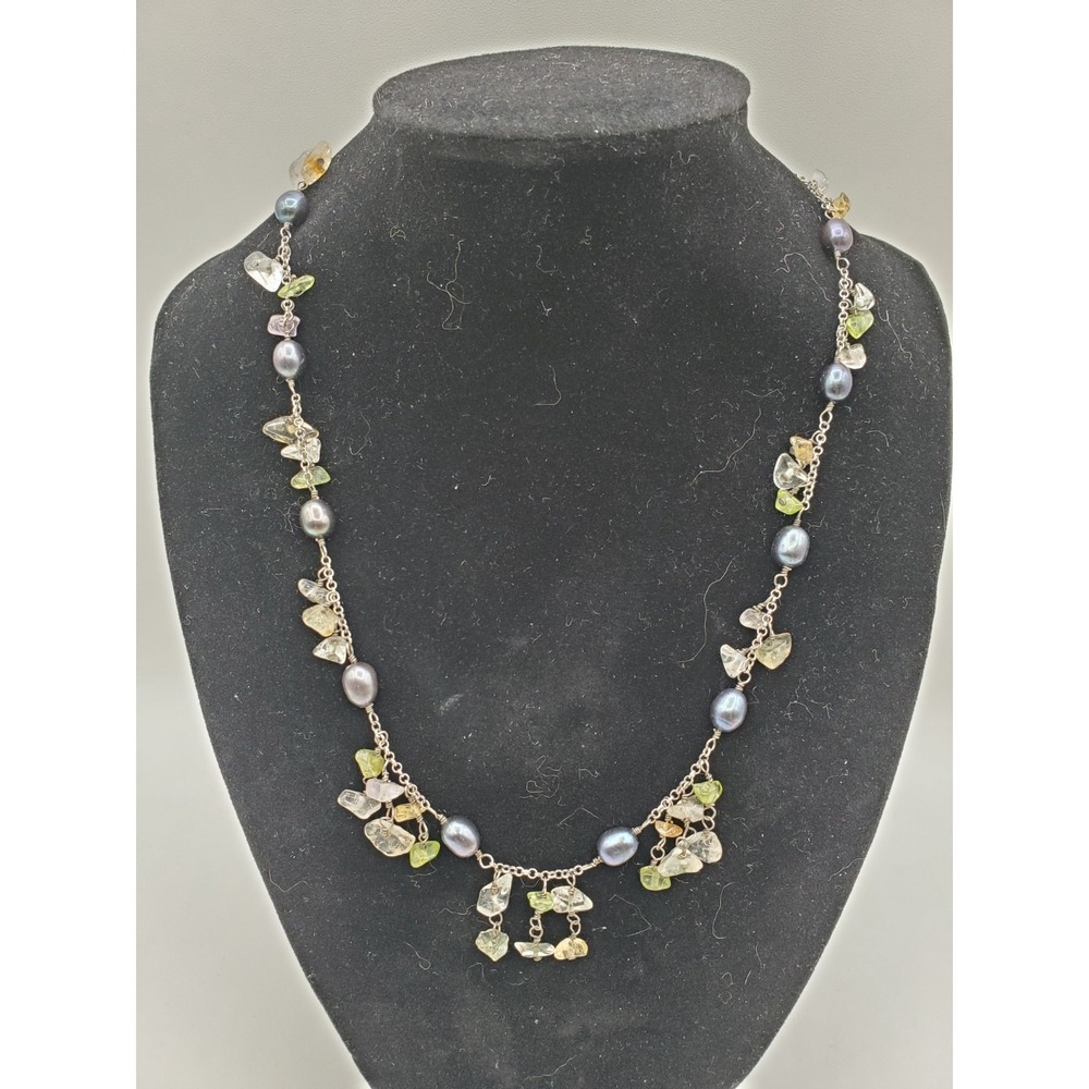 Vtg Italy Sterling Silver 18" Faux Pearl Citrine Quartz Beaded Fringe Necklace